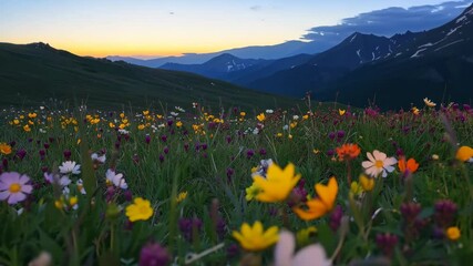 Wildflower meadow in mountains at varying stages of twilight, from dusk to night, a beautiful nature timelapse video footage.