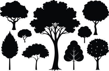 Collection of black silhouette trees various shapes and sizes