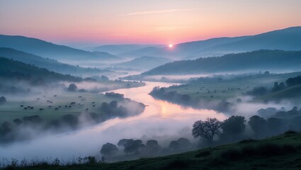Fototapeta premium River Valley at Sunrise with Fog and Grazing Cattle
