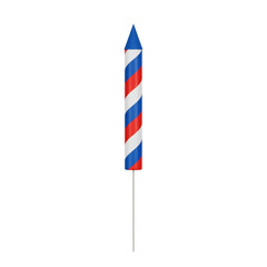 Striped firework rocket with stick, isolated on transparent background