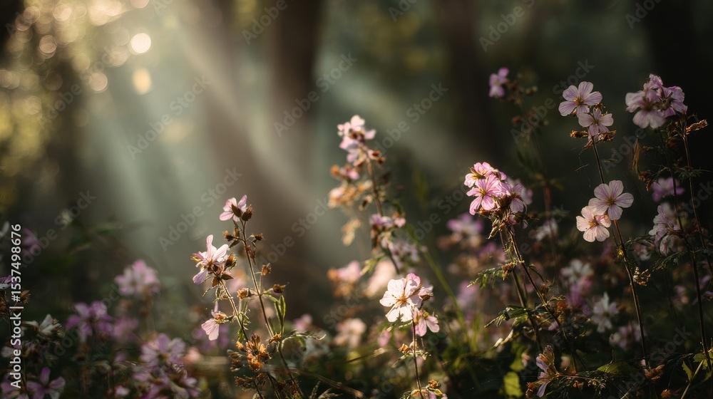 Poster sunlight filters through trees illuminating wildflowers in a serene forest setting