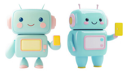 Two pastelblue robots, isolated on transparent background, hold yellow rectangles, their cheerful faces beaming