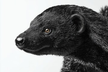 Black-furred animal with textured fur, sharp brown eye, and glistening nose. The close-up side profile captures intricate details of the coat and distinct ear shape against the light