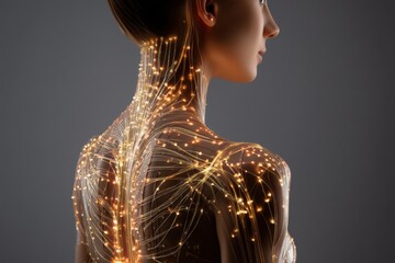 Person viewed from back with head turned, featuring illuminated neural network patterns on skin, symbolizing connection and technology. Artistic depiction blending human form and digital elements