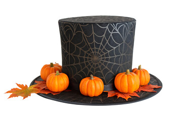 Spooky Halloween Top Hat Decorated with Mini Pumpkins and Autumn Leaves