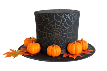 Spooky Halloween Top Hat Decorated with Mini Pumpkins and Autumn Leaves