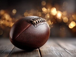 Brown leather football resting on wooden surface, surrounded by shimmering golden bokeh lights creating a warm and dynamic atmosphere. The texture of the ball is clearly visible