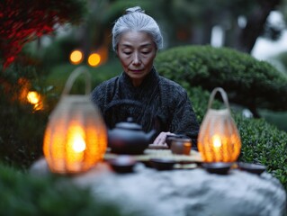 An elderly woman with gray hair sits calmly at a stone table adorned with tea sets, surrounded by glowing lanterns and lush greenery, exuding serenity and focus in a tranquil garden