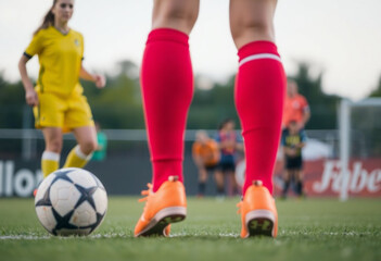 Pés de uma jogadora de futebol com a bola.