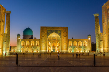 The Registan square Madrasa at night, Samarkand, Uzbekistan,