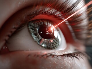 Close-up of a human eye undergoing laser surgery, depicting a focused laser beam and detailed eye textures, including eyelashes and iris patterns. The image emphasizes precision and technology