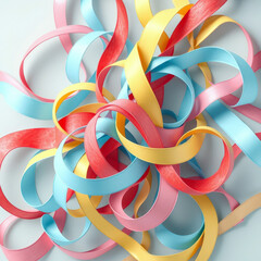 A set of ribbons, colored, disordered, and rolled, in the colors light blue, red, yellow, and pink as a concept of fun confusion
