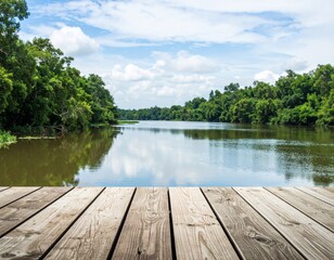Obraz premium Wooden Dock Overlooking Serene Lake and Lush Greenery