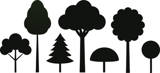 Collection of simple black silhouettes of various trees