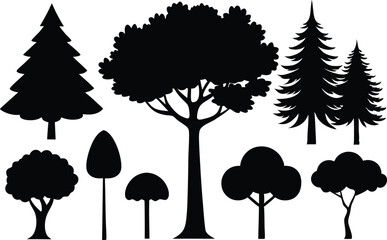 Fototapeta premium Collection of black silhouettes various trees nature forest