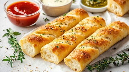 Three golden-brown, breadstick-like appetizers, sprinkled with herbs and seasoning, rest on parchment paper alongside small bowls of ketchup, mayonnaise-based sauce, and pesto