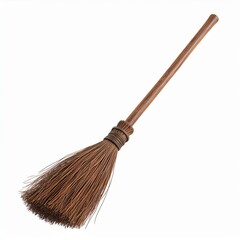 Brown Wooden Broom with Straw Bristles on White Background