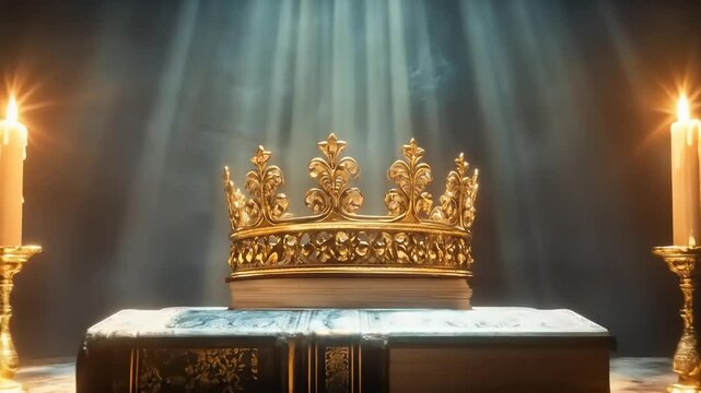 Golden Crown with Book, Candles, and Dark Room.