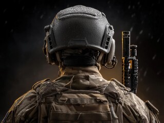 Rear view of a soldier in tactical gear, wearing a black helmet and camouflage outfit. The soldier holds a weapon in low-light conditions, evoking a tense atmosphere