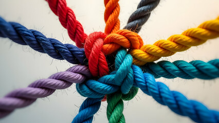 Strong linkage achieved by colorful ropes intertwined in unity circle showcasing teamwork and business partnership synergy