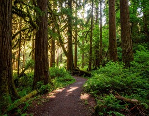 Enchanted forest wallpaper with dappled light, winding path, deer & mushrooms under lush canopy – peaceful, nature-inspired digital art.