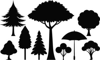 Fototapeta premium Collection of black silhouettes various trees and umbrella