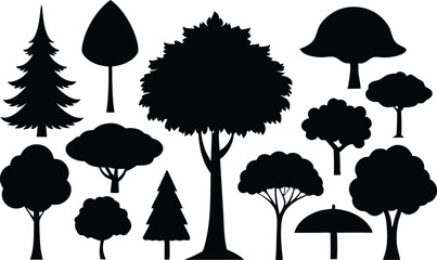 Collection of black silhouettes various trees nature forest
