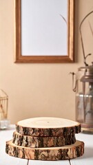 Rustic Wooden Slices Display on Beige Table