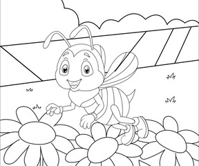 Cute Bee Coloring Page for Kids | Happy Cartoon Insect with Flowers Line Art for Preschoolers