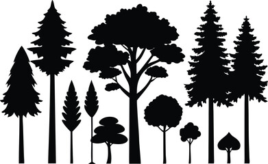 Fototapeta premium Silhouette collection of various trees and conifers