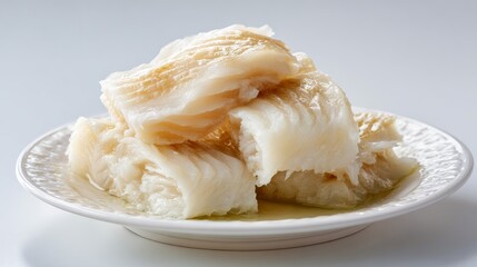 Lutefisk: A studio shot dried white fish rehydrated hot or cold white ceramic plate traditional gelatinous.