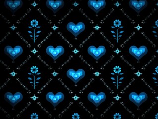 Blue pixelated hearts and floral motifs in a repetitive diamond pattern. The digital art creates a modern and abstract style with bright blues contrasting against a dark background