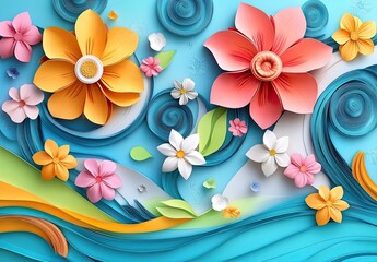 3D paper art background with colorful swirls and flowers