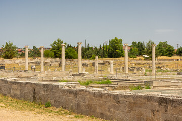 Ancient greek columns in Pella, archaeological site in Macedonia,  birthplace of Alexander the Great, Greece
