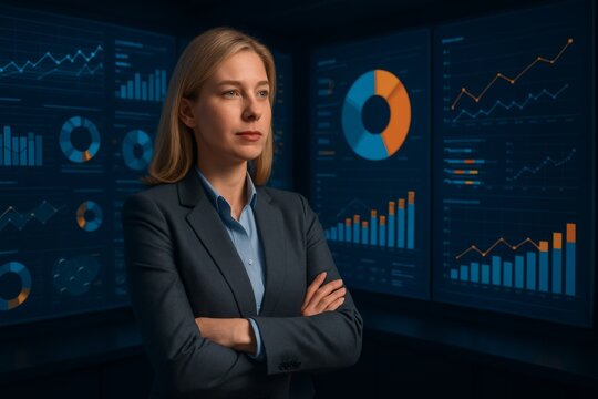 Professional Caucasian businesswoman in a modern analytics hub, standing with arms crossed, analyzing glowing data visualizations.

