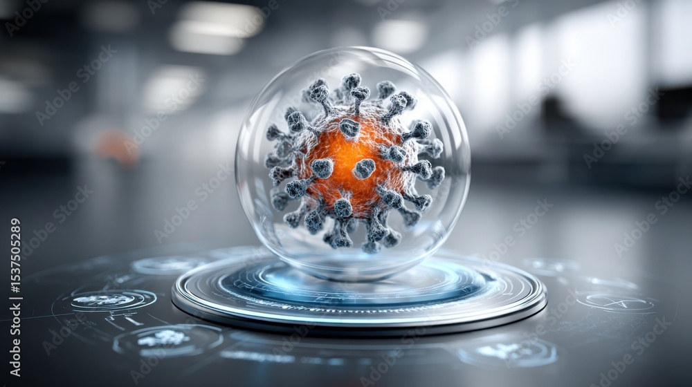Poster a realistic 3d representation of a virus structure is showcased in a sleek laboratory. surrounding d