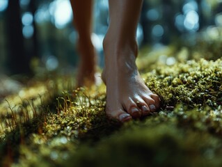 Bare feet walking on lush, green moss in a sunlit forest, capturing a tranquil connection with nature. Footsteps softly press into the vibrant ground, encircled by small plants