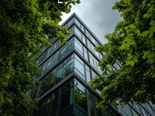 Modern glass building framed by vibrant green leaves, reflecting cloudy sky. The structure's angular design is emphasized by the contrast with the surrounding natural elements