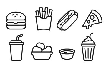 Fast Food Icons. Line style icons of fast food items: hamburger, french fries, hot dog, pizza slice. soda cup, nuggets, dipping