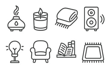 Cozy Home Icons. Line style icons of home ambiance: aroma diffuser, scented candle, cozy blanket, sound speaker. warm light, soft