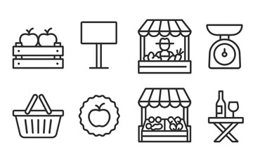 Food Market Icons. Line style icons of food market: apple crate, price sign, farmer tent, produce scale. shopping basket, local