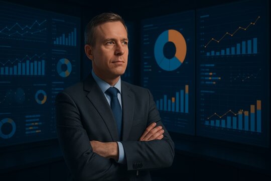 Focused Caucasian businessman in a digital control room, arms crossed, analyzing infographics and business data on futuristic displays.

