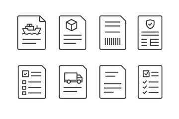 Shipping Document Icons. Line style icons of shipping documents: bill of lading, commercial invoice, shipping label, tracking slip