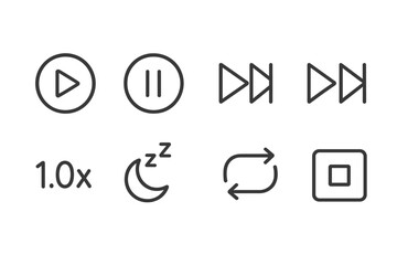 Audiobook Control Icons. Line style icons of audiobook playback controls: play icon, pause button, skip forward, skip back. speed