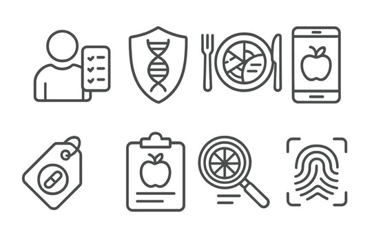 Future Food Icons. Line style icons of future food and nutrition: personalized nutrition icon, DNA-based diet badge, genomics