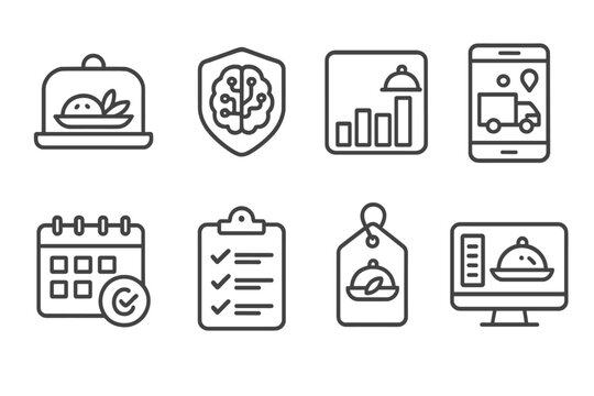Futuristic Food Icons. Line style icons of future food and nutrition: meal subscription icon, AI diet planner badge, weekly box