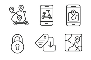Future Mobility Icons. Line style icons of future mobility: e-scooter network icon, app rental badge, geo-fence chart, station
