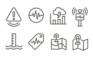 Urban Safety Icons. Line style icons of urban safety and smart infrastructure: disaster early warning icon, earthquake alert badge