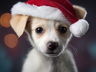 Cute puppy wearing a fuzzy red and white holiday hat looks into the camera with wide eyes, creating a festive and endearing scene perfect for seasonal greetings