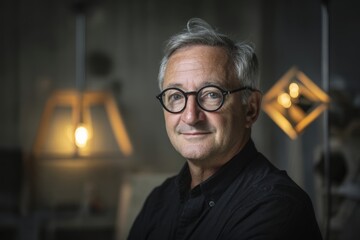 Middle-aged man with gray hair and black glasses gazing confidently, wearing a dark shirt. Warm ambient lighting from stylish lamps in the blurred background creates a cozy ambiance